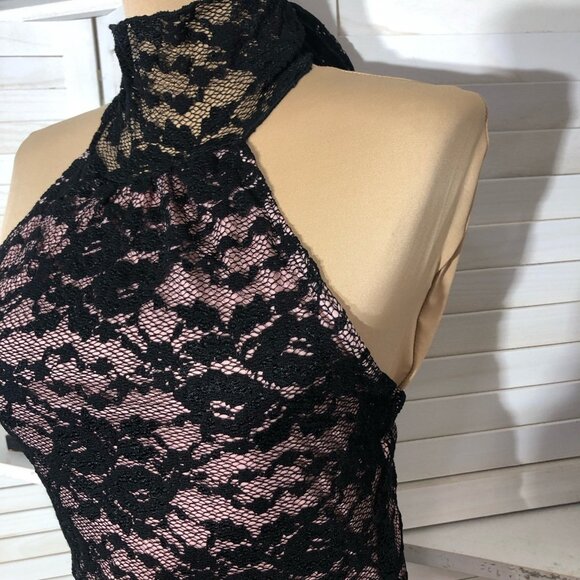Vintage Y2K Speechless Halter Top High Neck Stretchy Sheer Lace Black Pink Sz S - Picture 12 of 13